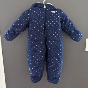 Navy blue and gold polka dot one piece snowsuit
